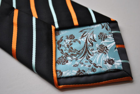 navy with orange and light blue striped tie